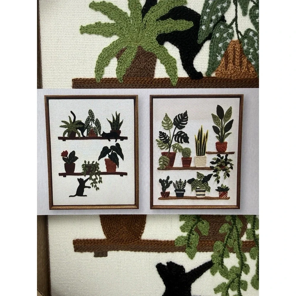 NWT BP Home Woven Artistry Needlepoint Art Plants Cat Flowers Framed Set of 2
